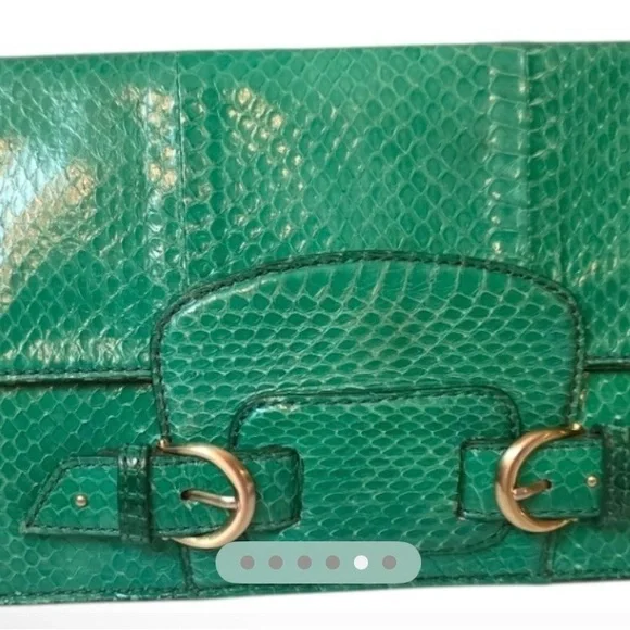 Cole Haan Emerald Green Snakeskin Embossed Leather Buckle Clutch - Picture 5 of 5